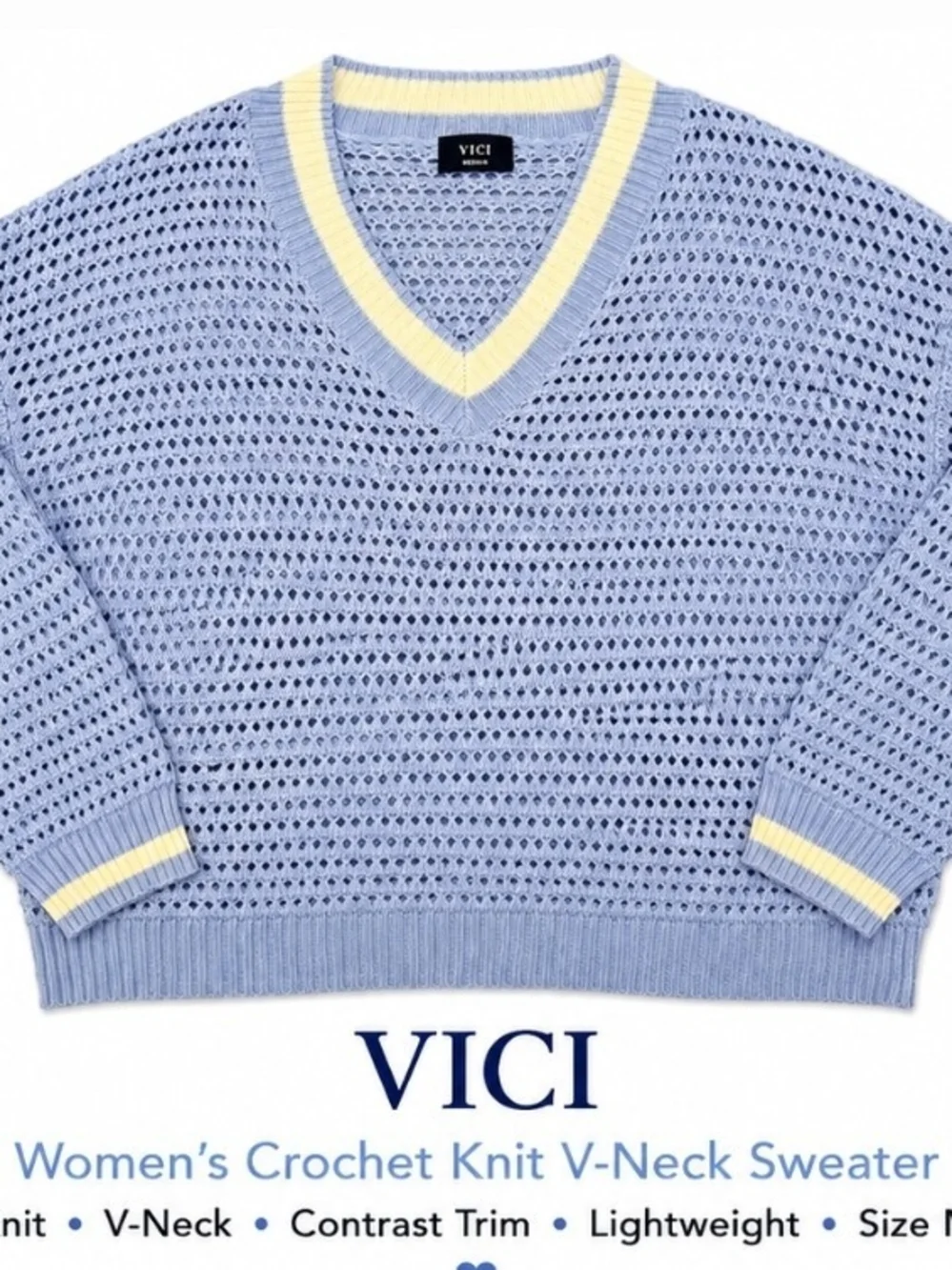 VICI Light Blue Crochet V-Neck Sweater with White Trim